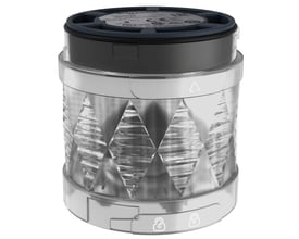 Schneider Electric XVU-lystårn Ø60, hvid blink LED, 24V, vist let fra siden, fremhæver 60mm diameter og klare, diamantformede facettere i linsen.