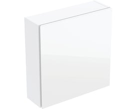 Geberit overskab i hvid med blankpoleret front og side på 450x467x150mm, fremstillet af spånplade med soft close funktion.