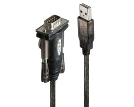 USB 1.1 til seriel converter med USB Type A male stik og RS232 9-vejs male stik på hvid baggrund.