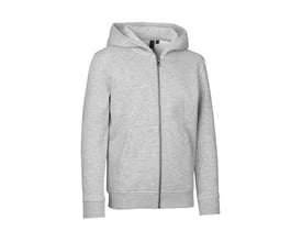 ID Identity børne hætte sweat cardigan i grå melange, størrelse 4/6 år, vist med lynlås og kængurulomme foran.