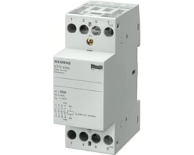 Siemens INSTA-kontaktor med 3 NO- og 1 NC-kontakt, 25 A og 115 V AC, set forfra og fra siden.