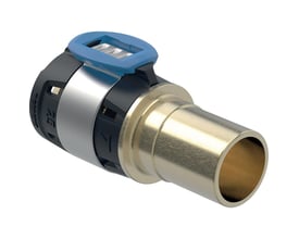 Geberit FlowFit overgang 16x12mm til Mapress, lavet af blyfri rødgods med blå Pres-indikator og metallisk muffeende.