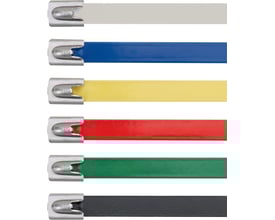 Stribevis af Panduit kabelbindere i forskellige farver: hvid, blå, gul, rød, grøn og sort med identiske spænder.