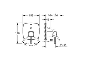 Teknisk tegning af Grohe Grandera forplade med dimensioner i mm, der viser dybde og bredde.