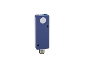 Schneider Electric ultralydsensor, rektangulær model 30x74mm i blå med hvid cirkel og M12 stik.