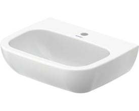 Duravit D-Code håndvask i hvid porcelæn/keramik, 550mm bred, med hanehul og buet forkant til vægmontering.