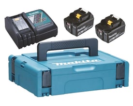 Oversigtsbillede af Makita batterisæt: to BL1850B 5,0Ah 18V batterier, DC18RC lynlader og blå MAKPAC STR. 2 kuffert.