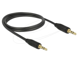 Delock stereokabel på 1 meter i sort, lagt i en løs løkke med to 3,5 mm jackstik med guldfarvede kontakter.