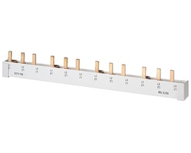 Siemens PIN samleskinne til 16 mm² ledere, 3-faset + AUX, 214 mm lang, hvid med kobberben og fase-mærkninger.