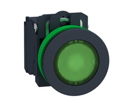 Schneider Electric Harmony XB5 flush trykknap i grøn med LED-lys, 24V, 1NO+1NC kontakter og mørkegrå ramme isoleret på hvid baggrund.