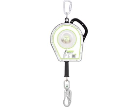 Kratos Safety TRITON sealed faldsikringsblok med 20 meter wire, set forfra med karabiner og sikkerhedskrog.