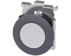 Siemens SIRIUS ACT 30 mm rund trykknap i mat hvid metal med mørkegrå frontring og monteringsbeslag.