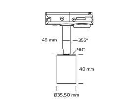 Teknisk tegning af Nordtronic 1-faset skinnespot med dimensioner for højde, bredde og rotationsvinkler.