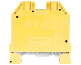 Bagside af Wieland jordklemme WKN 10 SL, gul/grøn, med påskrift og godkendelsesmærker for 10mm² ledning og TS35-skinne.