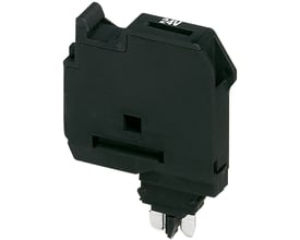 Schneider Electric 5x20mm sikringsholder i sort plast med 24V mærkning og fjederklemmer i metal.