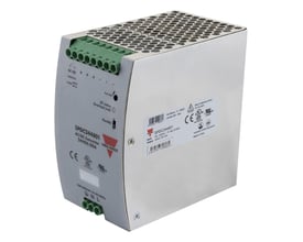 Carlo Gavazzi-strømforsyning på 10 A med 48 VDC-udgang, grønne tilslutningsklemmer og sølvfarvet kabinet set skråt.
