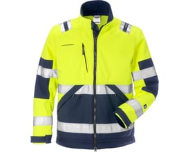 Fristads Hi vis softshelljakke i gul og marineblå, klasse 2, med refleksstriber og flere lynlåslommer.