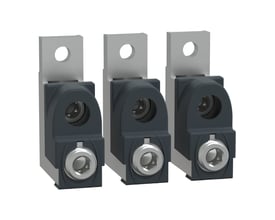 Schneider Electric klemmesæt TA25 med tre grå plastholder og metalbeslag til 50-120mm² kabler.