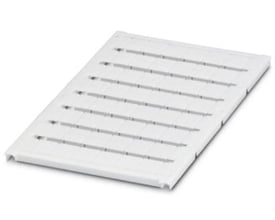 Nærbillede af et ark med hvide Phoenix Contact Uc-tm mærkeskilte til klemmer, 10,5 x 9,6 mm, klar til mærkning.