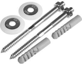 Sæt med håndvaskbefæstigelser: to gevindstænger på 10x140mm, to M10 skiver og to grå rawlplugs.