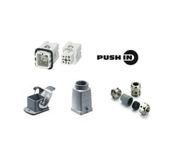 Weidmüller industrielt HA PUSH IN-stiksæt med 3 poler, vist med indsats, hus, kabelforskruning og PUSH IN-logo.