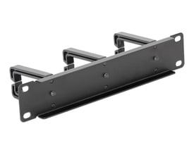 Sort Delock 43342-kabelstyringspanel til 10" rack, 1U, set skråt bagfra med tre D-ringskroge.