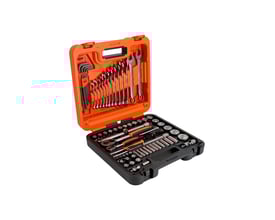 Bahco topnøglesæt med 98 dele i orange og sort opbevaringskasse, inklusiv toppe og ring-gaffelnøgler.