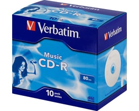 Emballagen til Verbatim Live it Music CD-R til lydoptagere, blå æske med 10 CD-R-medier på 80 minutter.