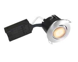 Nordtronic Uni Install indbygningsspot med børstet aluminiumsring og integreret tilslutningsboks på hvid baggrund.