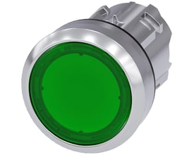 Siemens Sirius Act grøn trykknap, rund 22mm metal med højglans front og flad trykflade.