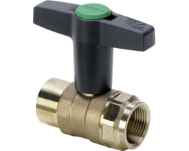 Viega Easytop kuglehane i rødgods, DN 32 med 1 1/4" muffegevind og antracitgråt T-greb med grøn markering.