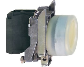 Schneider Electric komplet gul trykknap XB4BP51, vist fra siden med fokus på monteringsmekanisme og den gule betjeningsknap.