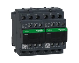 Schneider Electric TeSys D kontaktor til reversering, 3-polet, 32A, 24V DC spole, vist fra skrå vinkel på hvid baggrund.