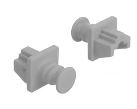 To grå Delock RJ45 støvhætter med firkantet fatning og rund knop, isoleret på hvid baggrund.