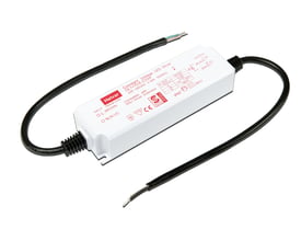 Helvar LED Driver OL1x75-E-CV24 med 75W og 24V udgang, viser tilslutningskabler og mærkning med tekniske specifikationer.