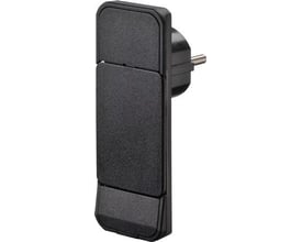Bachmann SMART PLUG, en ekstra flad og vinklet sort stikprop med Schuko/pindjord, designet til begrænset plads.