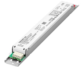 Tridonic LED driver DALI-2 LC 75/200-550/230 DA lp SNC4 med hvidt metalhus og mærkat med tekniske specifikationer.