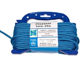 Roliba blå flisesnor med hjerteform, 5 mm i diameter og 20 meter lang, på rulle med håndtag.