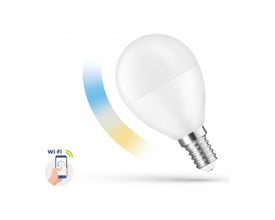 SpectrumLED smart LED-pære P45 med E14-fatning, hvid kuppel og Wi-Fi-symbol, der viser appstyring.