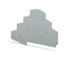 Bagside af Phoenix Contact Endeplade D-UT 2,5-3L, grå, med synlige skruehuller og Phoenix Contact logo, 90x2,2x69,8 mm.