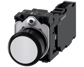 Siemens 22mm trykknap, rund, hvid, med 1NO1NC kontakt og skrueterminal, sat sammen med sort holder.