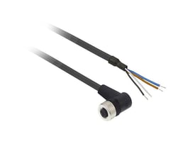 Telemecanique Sensors tilslutningskabel XZCP1241L5J med vinklet 4-polet M12-hunstik og 5 meters kabel, vist med frie ledningsender.