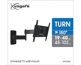 Vogels MA2040 universal TV vægbeslag, sort, med angivelse af 180° drejning og 19-40 tommer skærmstørrelse.