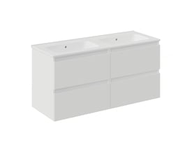 Cosmic underskab med integreret porcelænsvask og fire skuffer i mat hvid finish, 120 cm bredt.