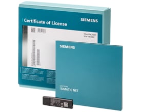 Siemens HARDNET-IE S7-REDCONNECT V18 Power Pack vist som licenspakke med certifikat, turkis softwareomslag og sort USB-flashdrev.
