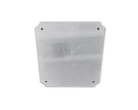 Montageplade i galvaniseret stål med dimensionerne 251 x 250 mm, vist på hvid baggrund.