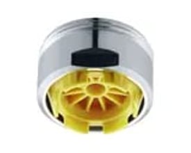NEOPERL Neostrahl clinic-perlator med M24x1-gevind og gul indsats, set nedefra med indsatsen synlig.