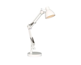 BRONX klassisk bordlampe i hvid lakeret aluminium med LED-lys og justerbar arm på 40 cm i højde. Lampen har en 150 cm hvid ledning og afbryder.