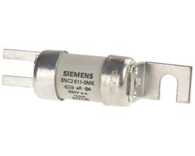 Siemens SITOR sikring 3NC2 611-0MK med bolt-on led, 690V a.c., 100kA og mærket 'aR' for effekthalvledere.