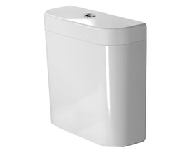 Duravit Happy D.2 cisterne i hvid porcelæn med indbygget installation, vist fra siden med let buet front.